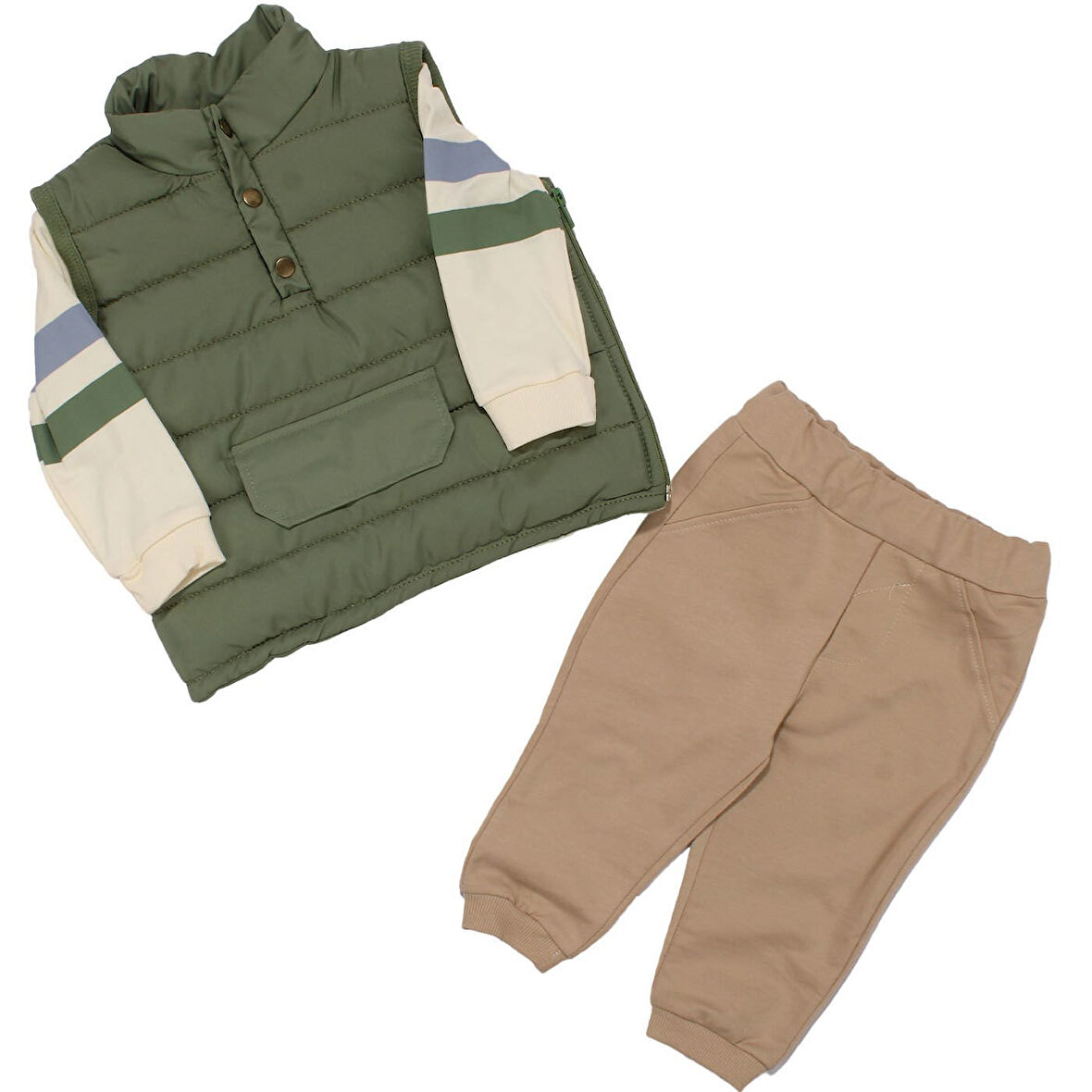 Erkek Bebek Yeşil Bej Şişme Yelekli Önü Kapalı Cepli 3'lü Takım