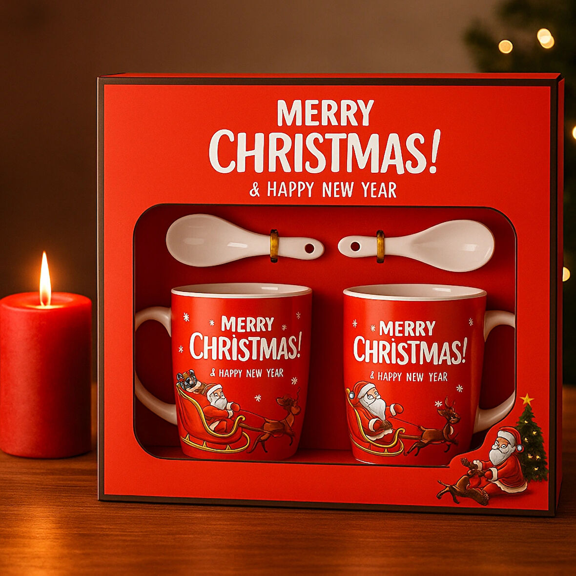 MERRY CHRISTMAS KIRMIZI 2’Lİ SERAMİK KUPA VE KAŞIK SETİ – YILBAŞI HEDİYE KUTUSU
