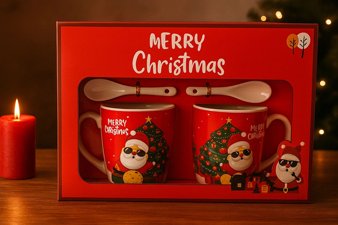 🎄 MERRY CHRISTMAS SANTA KOLEKSİYONU – 2’Lİ KUPA VE KAŞIK SETİ (YILBAŞI HEDİYE KUTUSU)