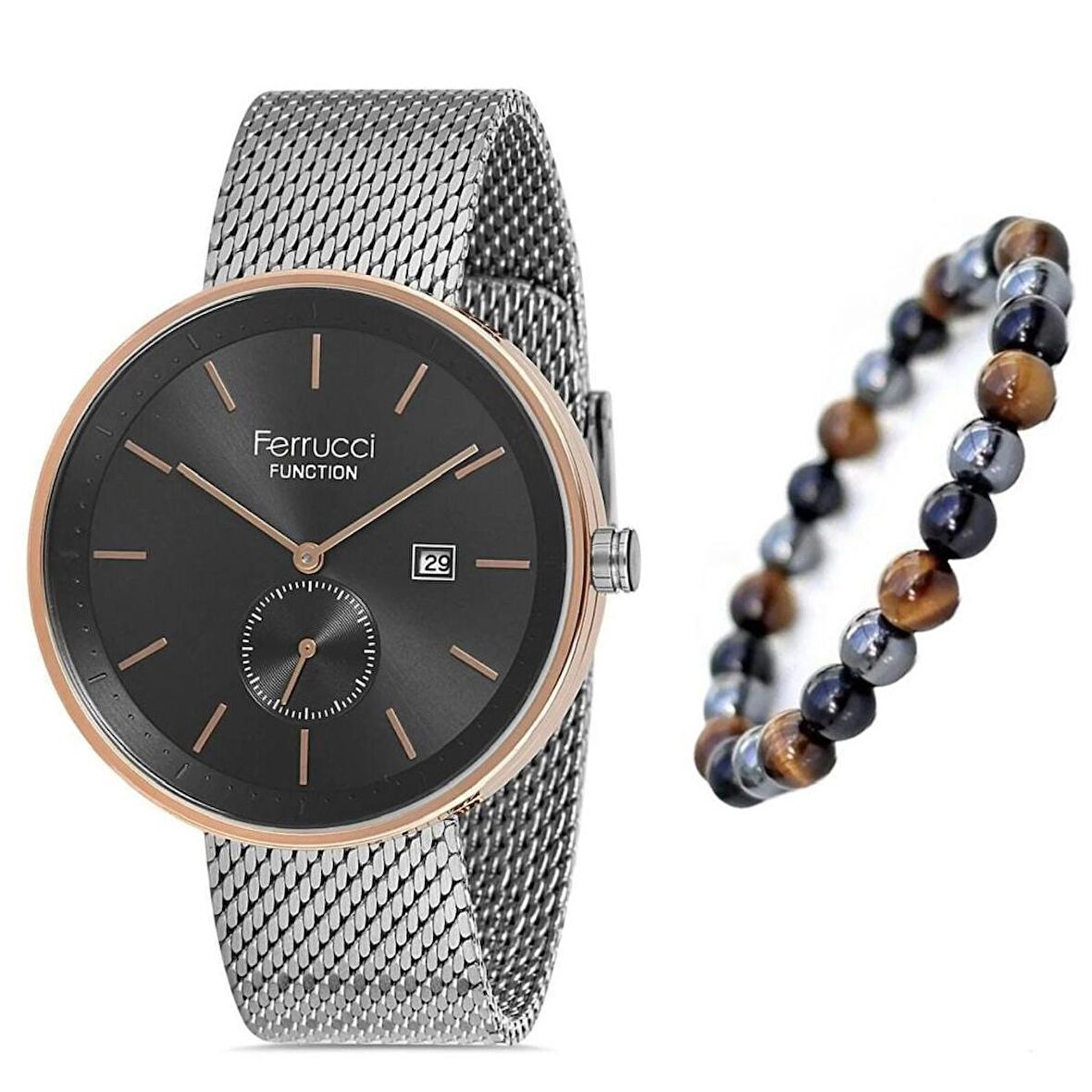 Ferrucci Gümüş Renk 1. Sınıf Çelik Erkek Kol Saat Doğal Taş Bileklik Hediyeli