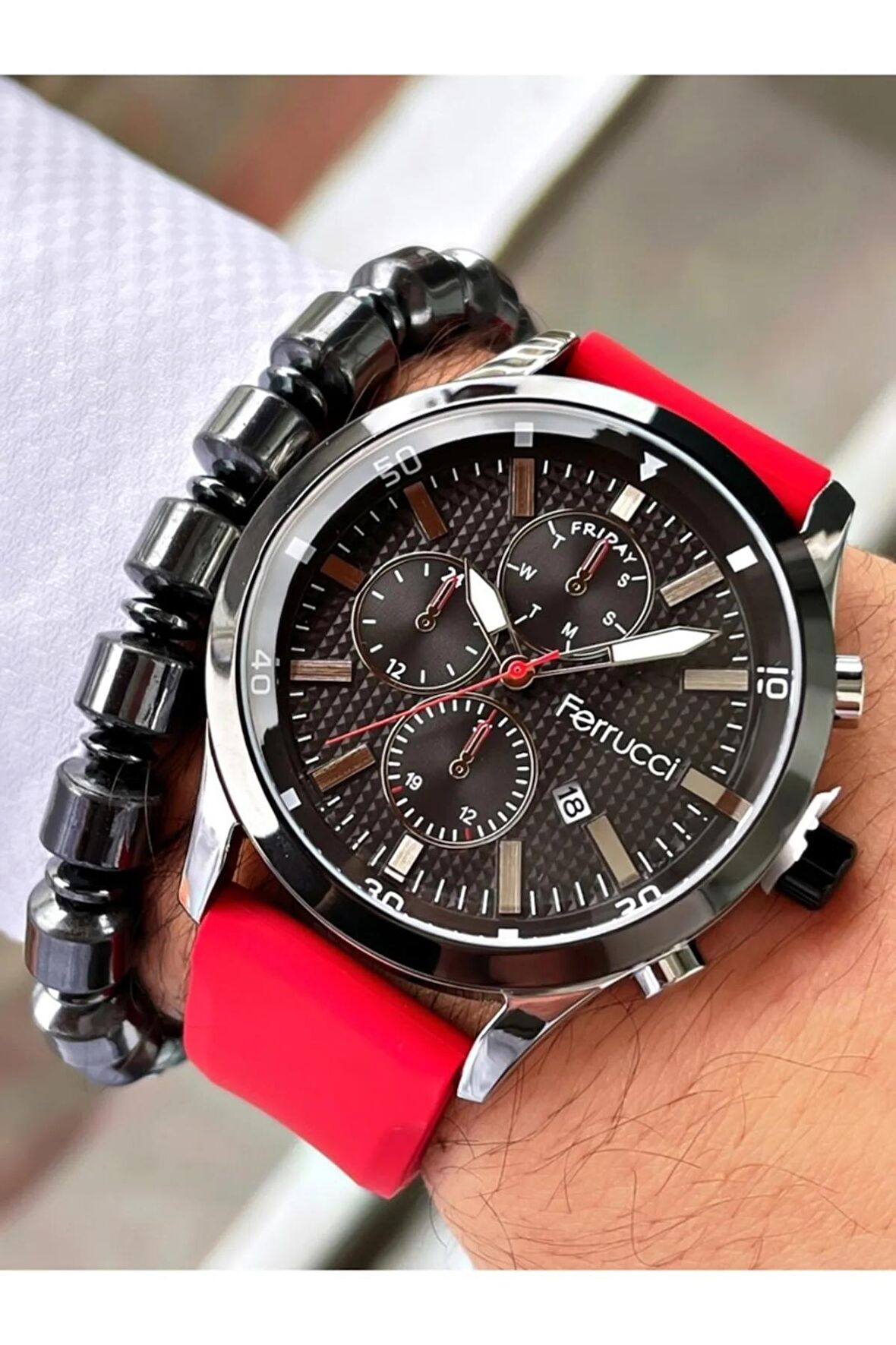 Ferrucci Kırmızı Silikon Kordon Takvimli Erkek Kol Saati - Bileklik Hediyeli
