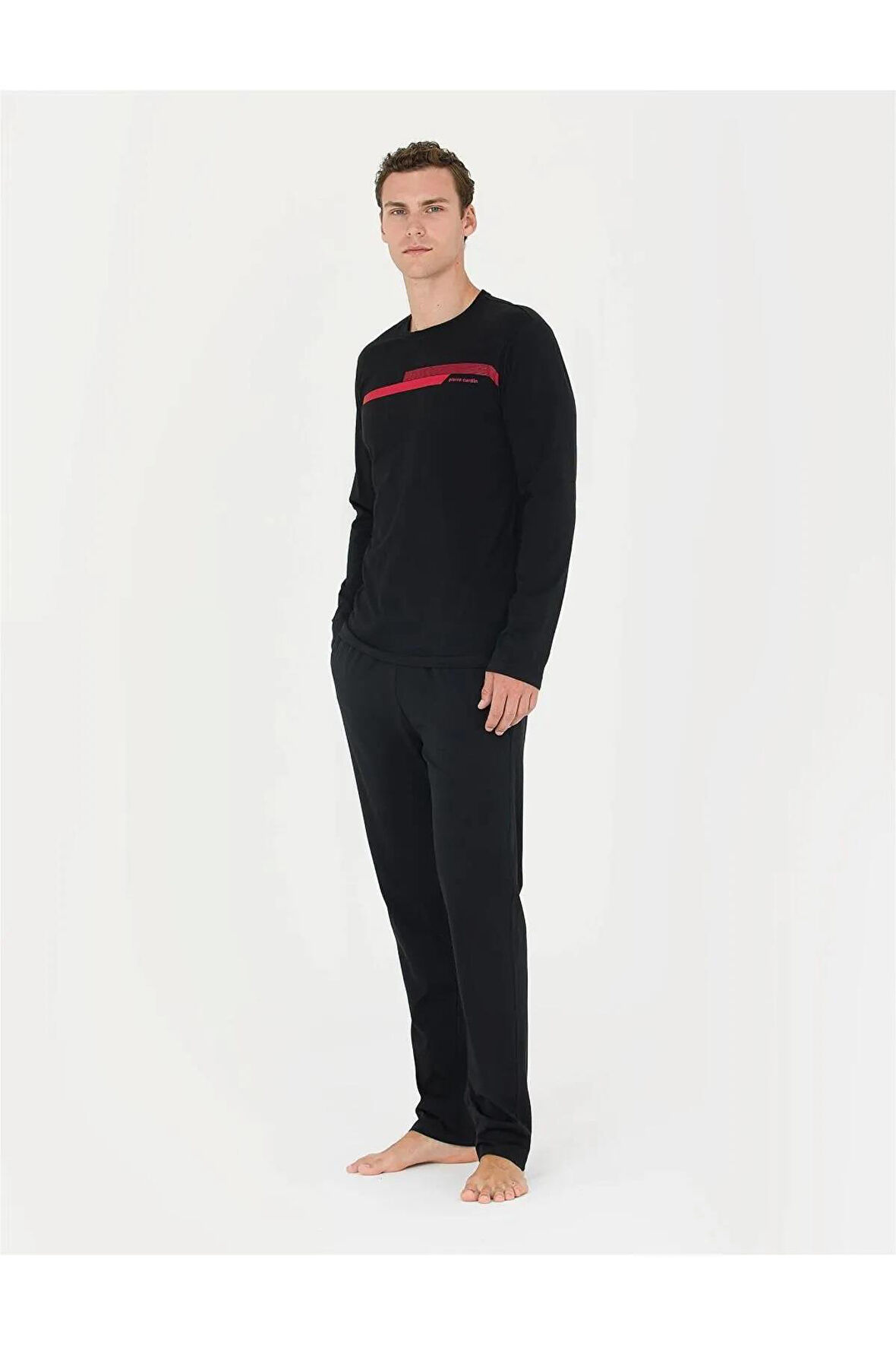 Pierre Cardin Siyah Erkek %100 Pamuk Pijama Takım, Uzun Kol Penye Pijama Takım