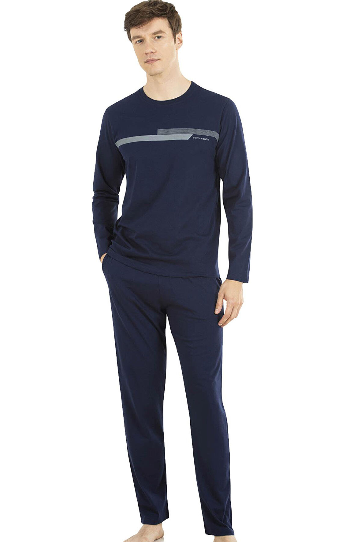 Pierre Cardin %100 Pamuk Uzun Kol Erkek Pijama Takım, Yuvarlak Yakalı Penye Pijama Takım