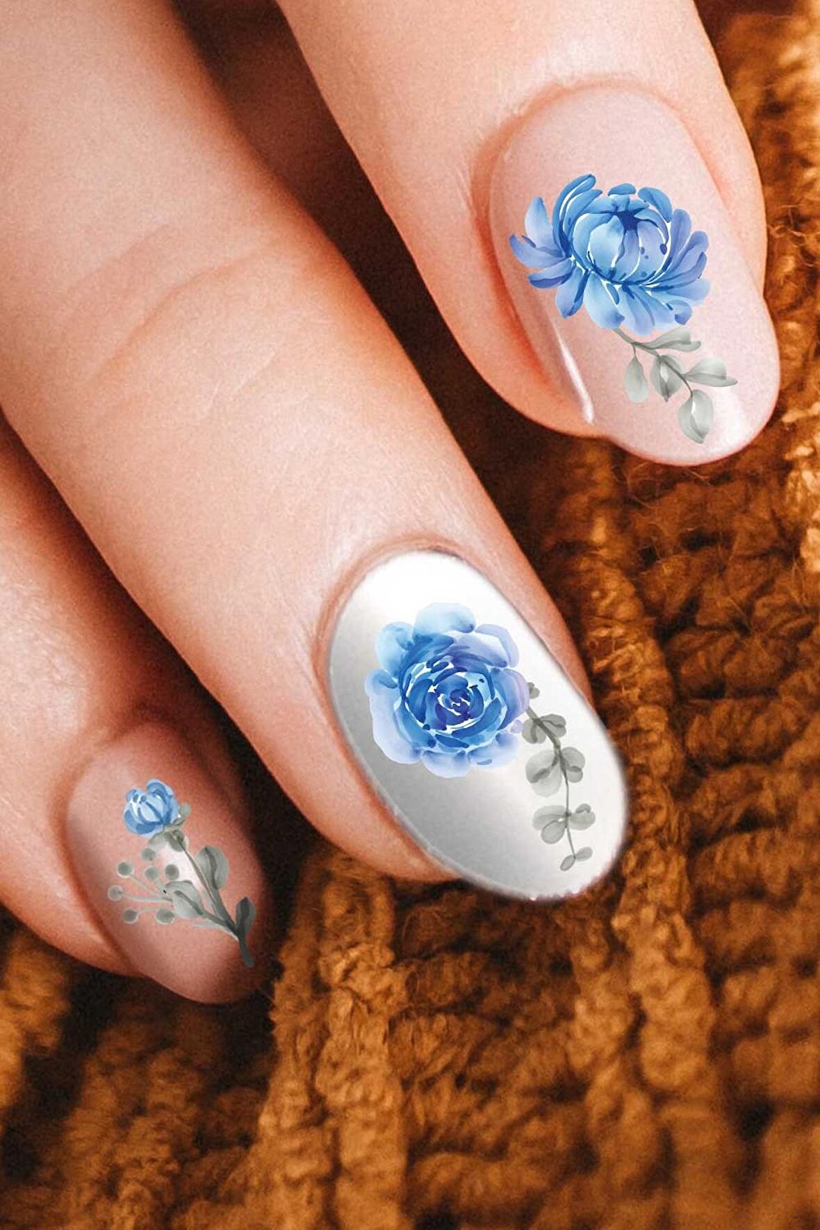 Mavi Çiçekler Tırnak Dövmesi, Tırnak Tattoo, Nail Art, Tırnak Sticker