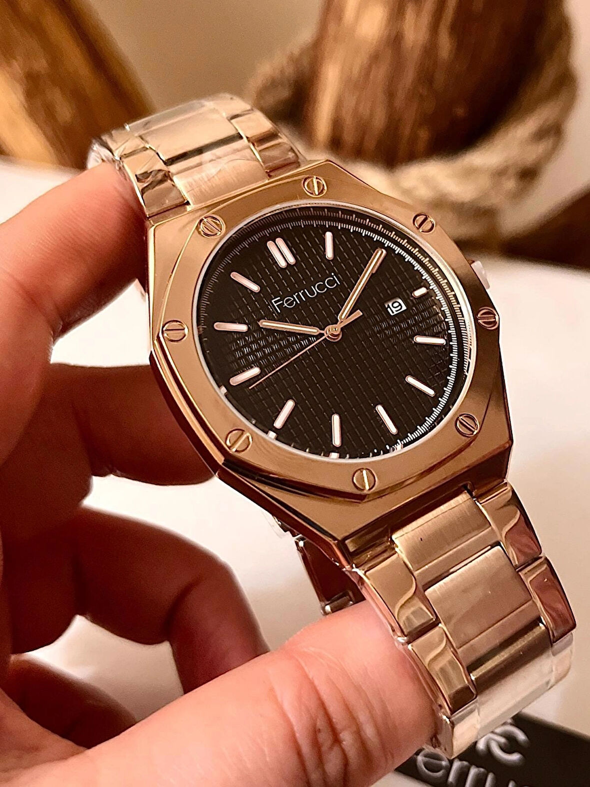 Ferrucci Rosegold Çelik Spor Şık Takvimli Erkek Kol Saat+Bileklik Hediye