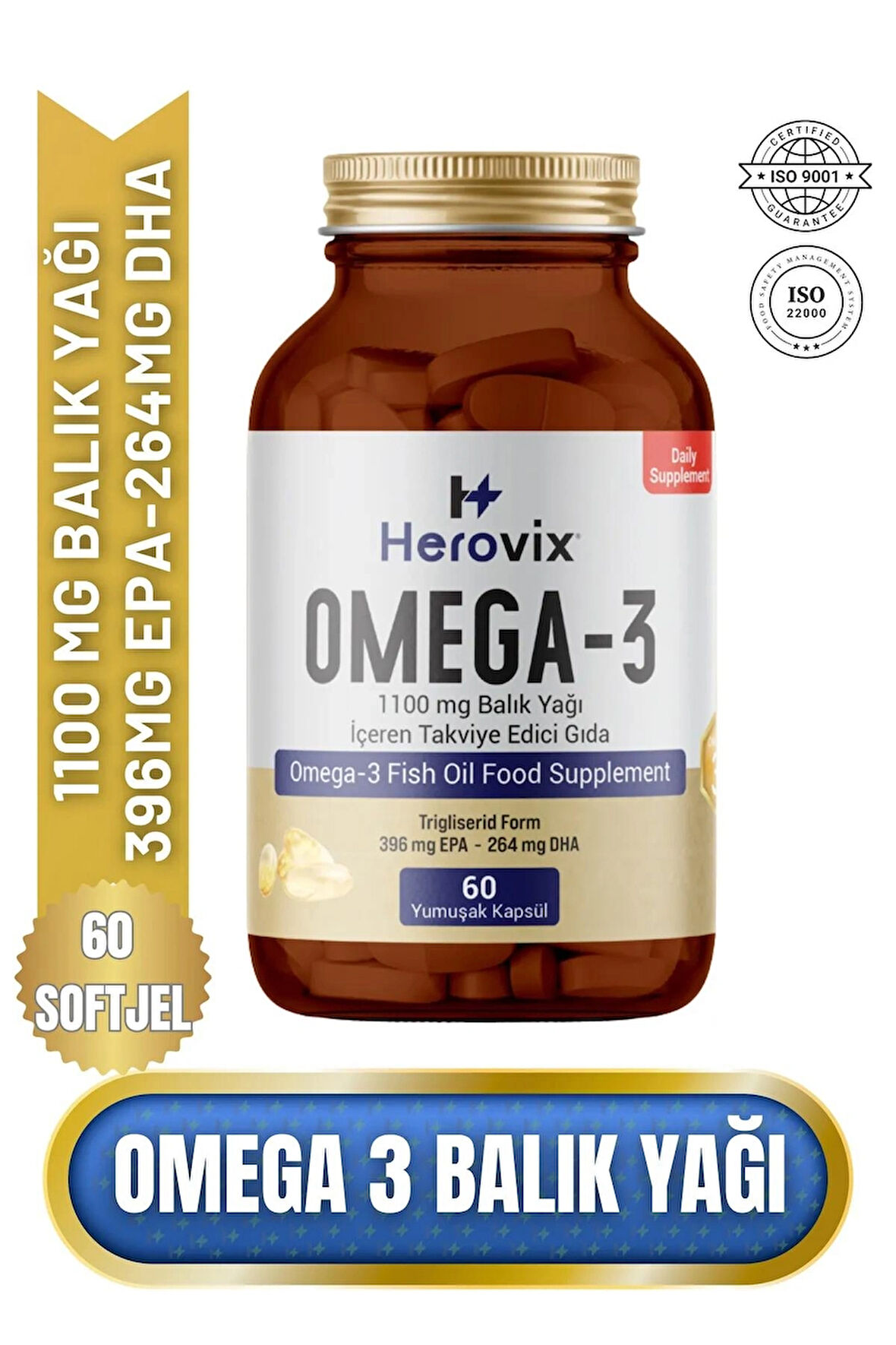 Herovix Omega 3 Balık Yağı 60 Softjel 1100 Mg (EPA:396 mg DHA:264 mg)