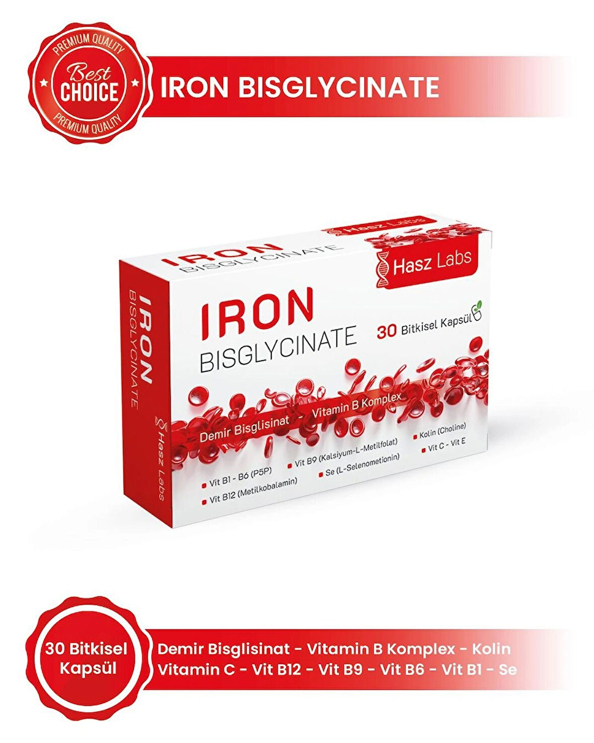 Hasz Labs Iron Bisglicinate & Vitamin B Kompleks 30 Kapsül