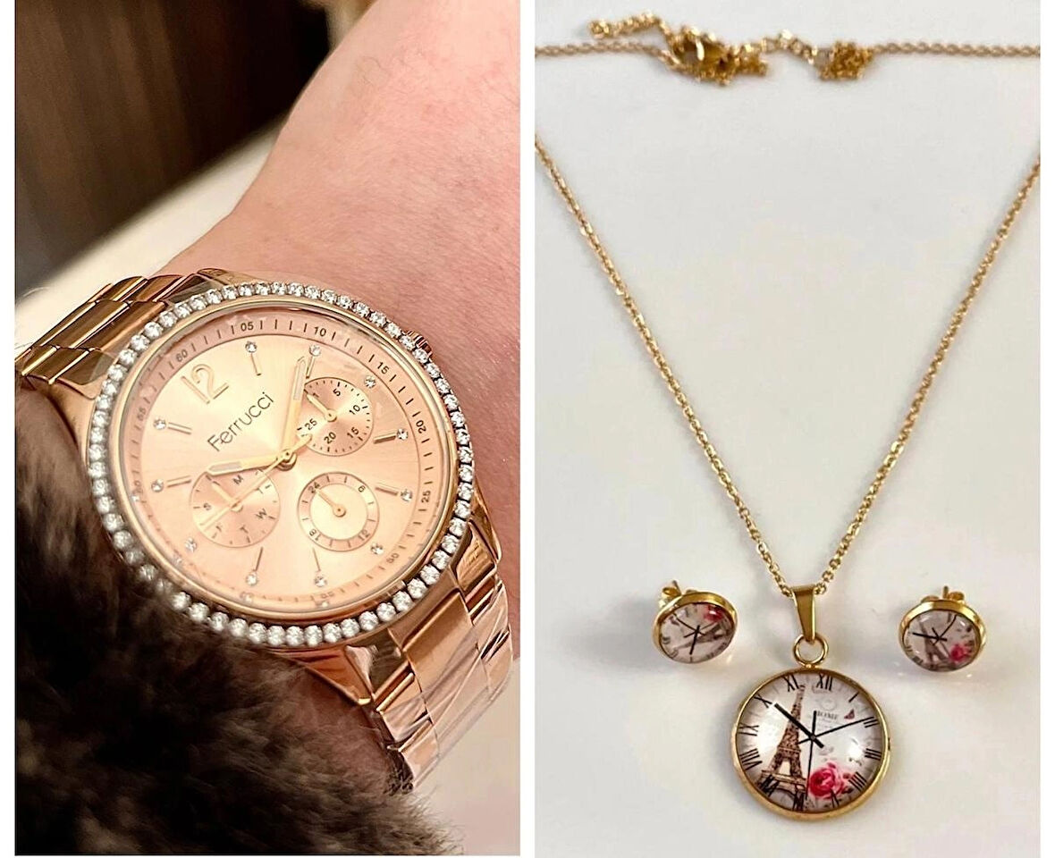 Ferrucci Rose Çelik Spor Model Kadın Kol Saat+%100 Çelik Takı Set Hediye