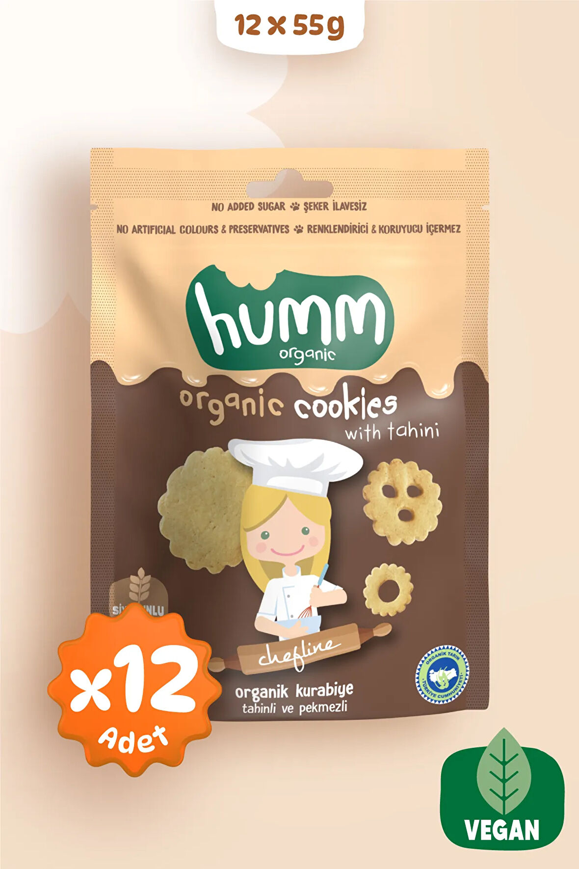 Humm Organic Organik Vegan Tahinli ve Pekmezli Kurabiye Atıştırmalık Paketi 55 Gr x 12 Adet