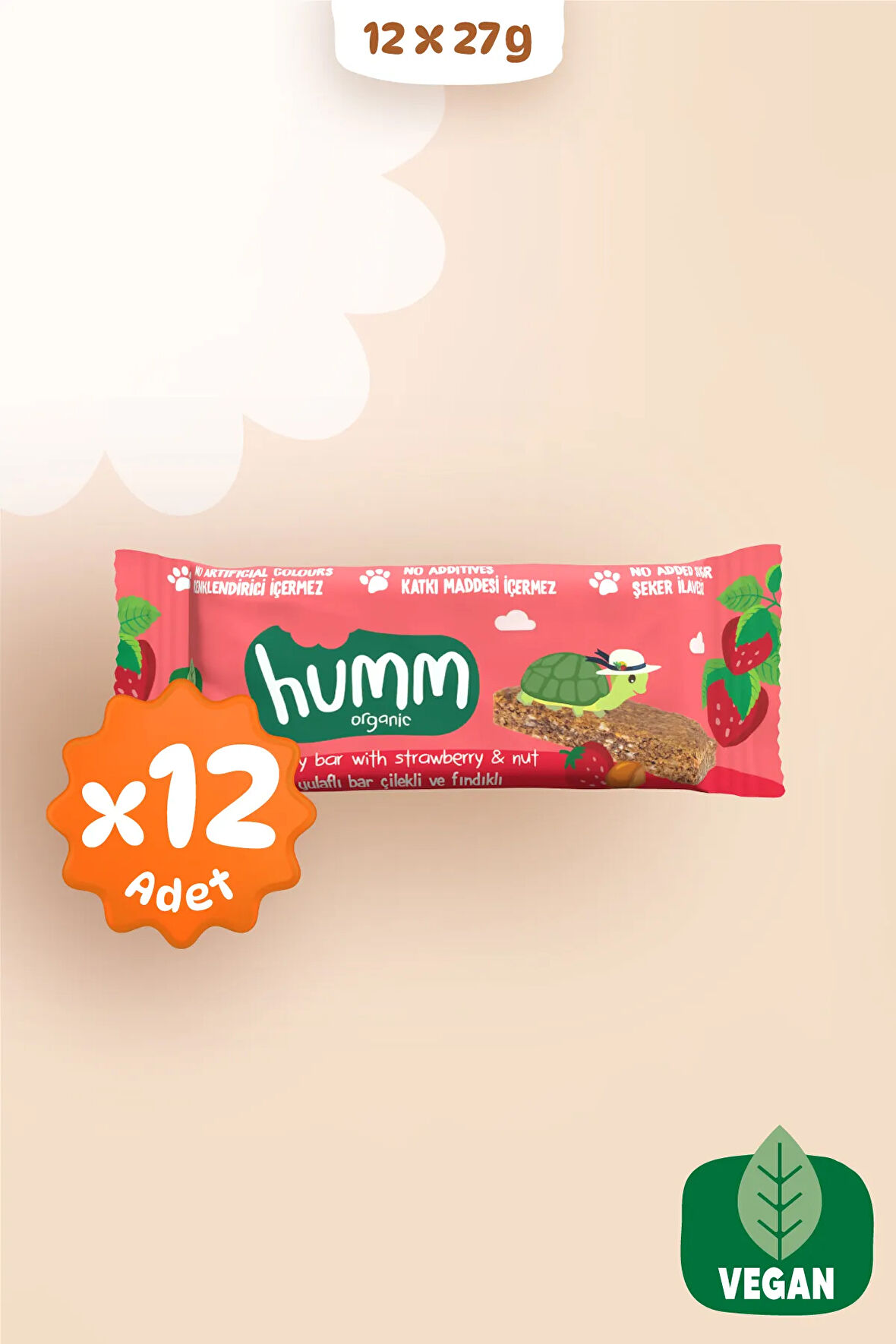 Humm Organic Organik Vegan Çilekli ve Fındıklı Yulaf Bar - 27 G X 12 adet