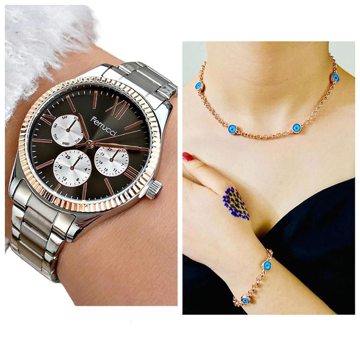 Ferrucci 1. Sınıf Çelik Şık Yeni Sezon Kadın Kol Saat+Nazarlıklı Set