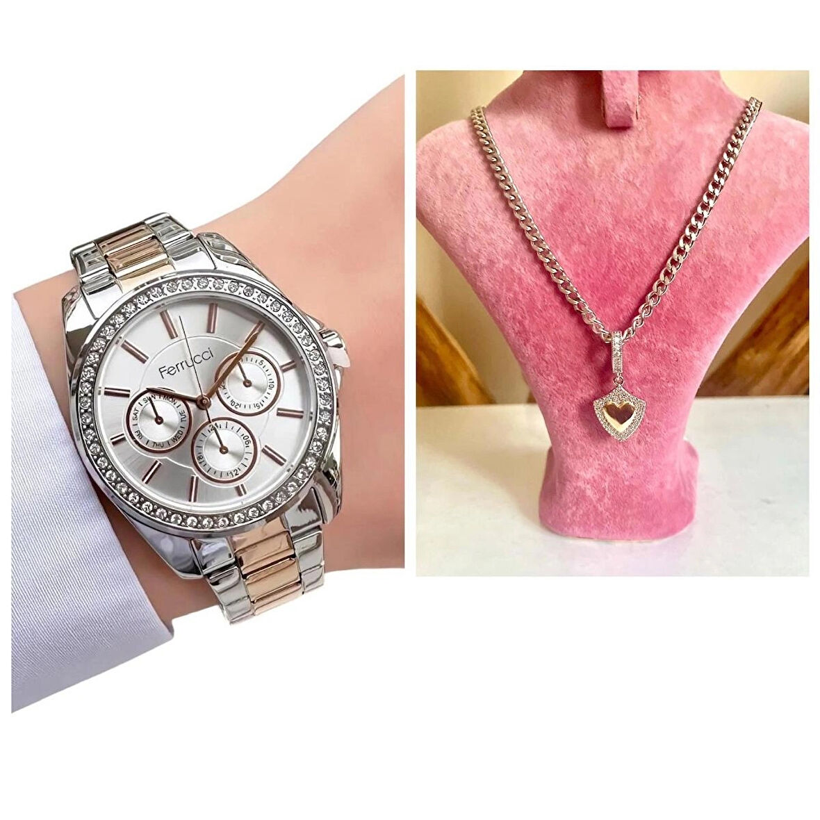 Ferrucci Rose&Gümüş Çelik Kadın Kol Saati+%100 Çelik Kolye