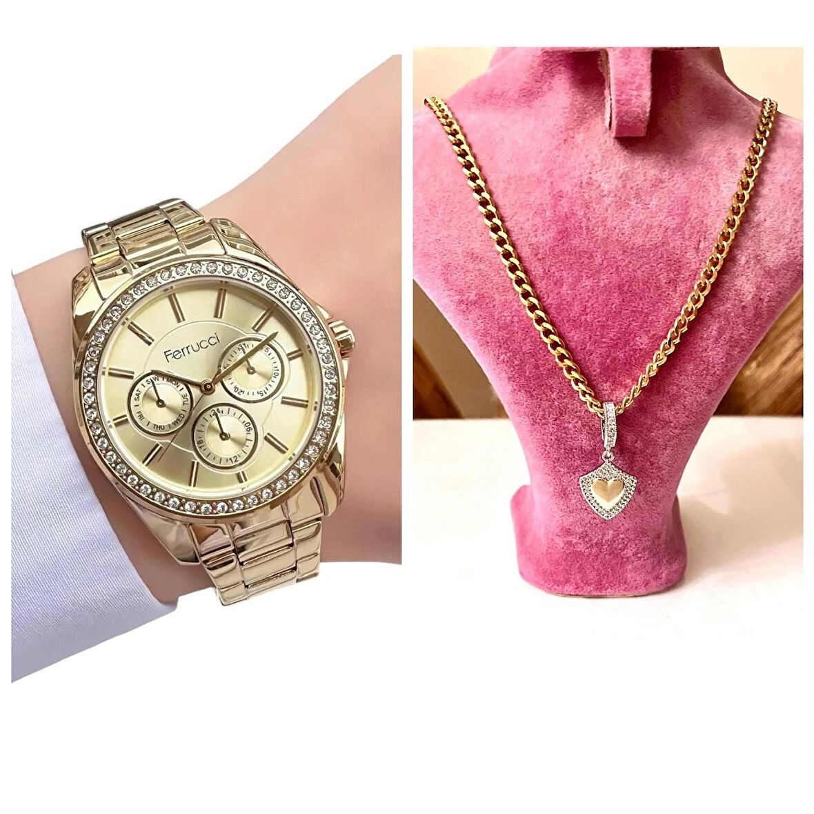 Ferrucci Gold Çelik Taşlı Şık Kadın Kol Saati+%100 Çelik Kolye Hediye
