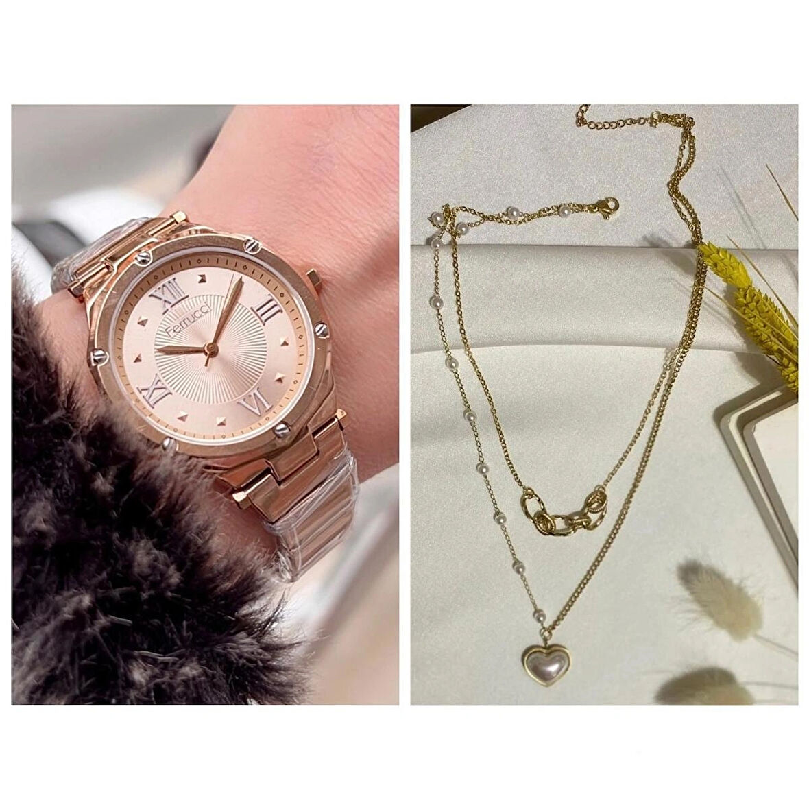 Ferrucci RoseGold Renk Spor Model Çelik Kadın Kol Saat+%100 Çelik Kolye Hediye