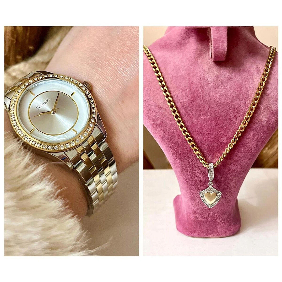 Ferrucci Silver&Gold Çelik Kordon Kadın Kol Saat+%100 Çelik Süper Kolye Hediye
