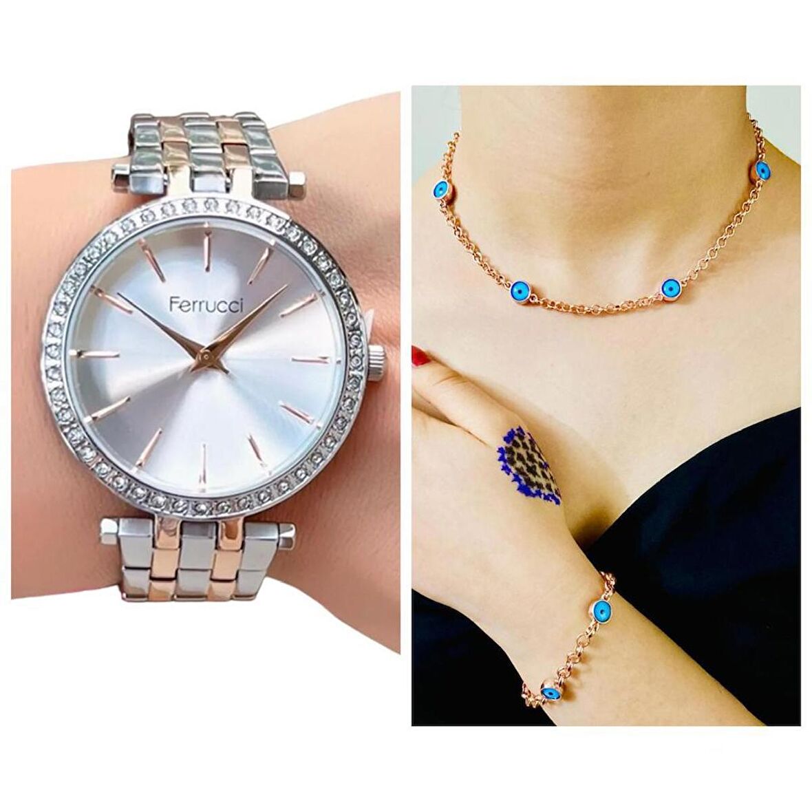 Ferrucci 1. Sınıf Çelik Sade Şık Kadın Kol Saat+Nazarlıklı Hediye Set