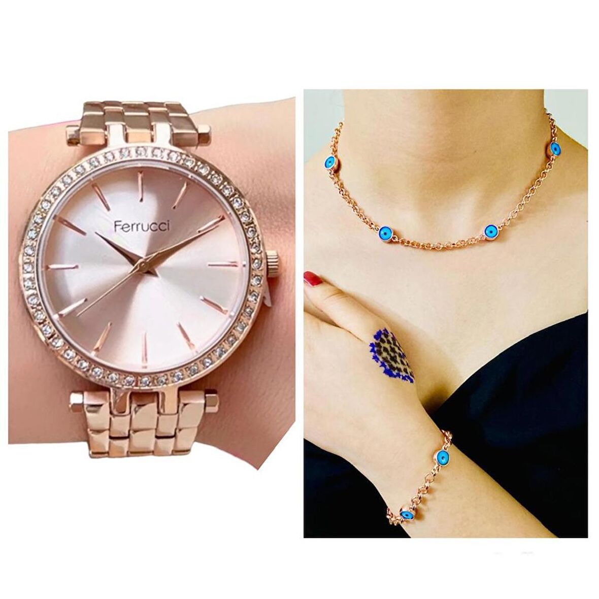 Ferrucci 1. Sınıf Çelik Sade Şık Kadın Kol Saat+Nazarlıklı Hediye Set
