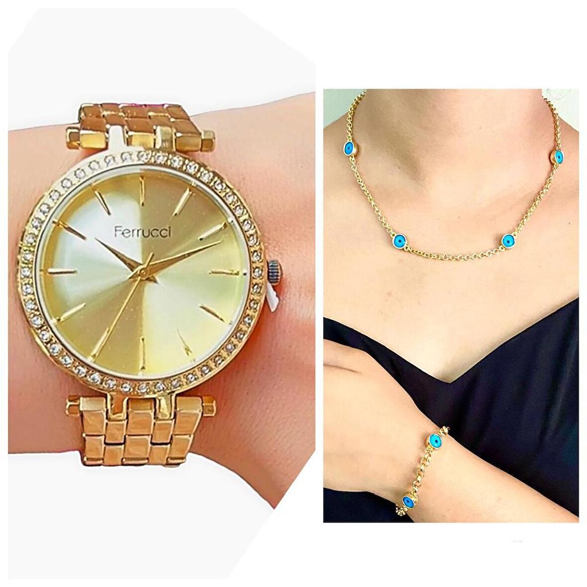 Ferrucci 1. Sınıf Çelik Sade Şık Kadın Kol Saat+Nazarlıklı Hediye Set