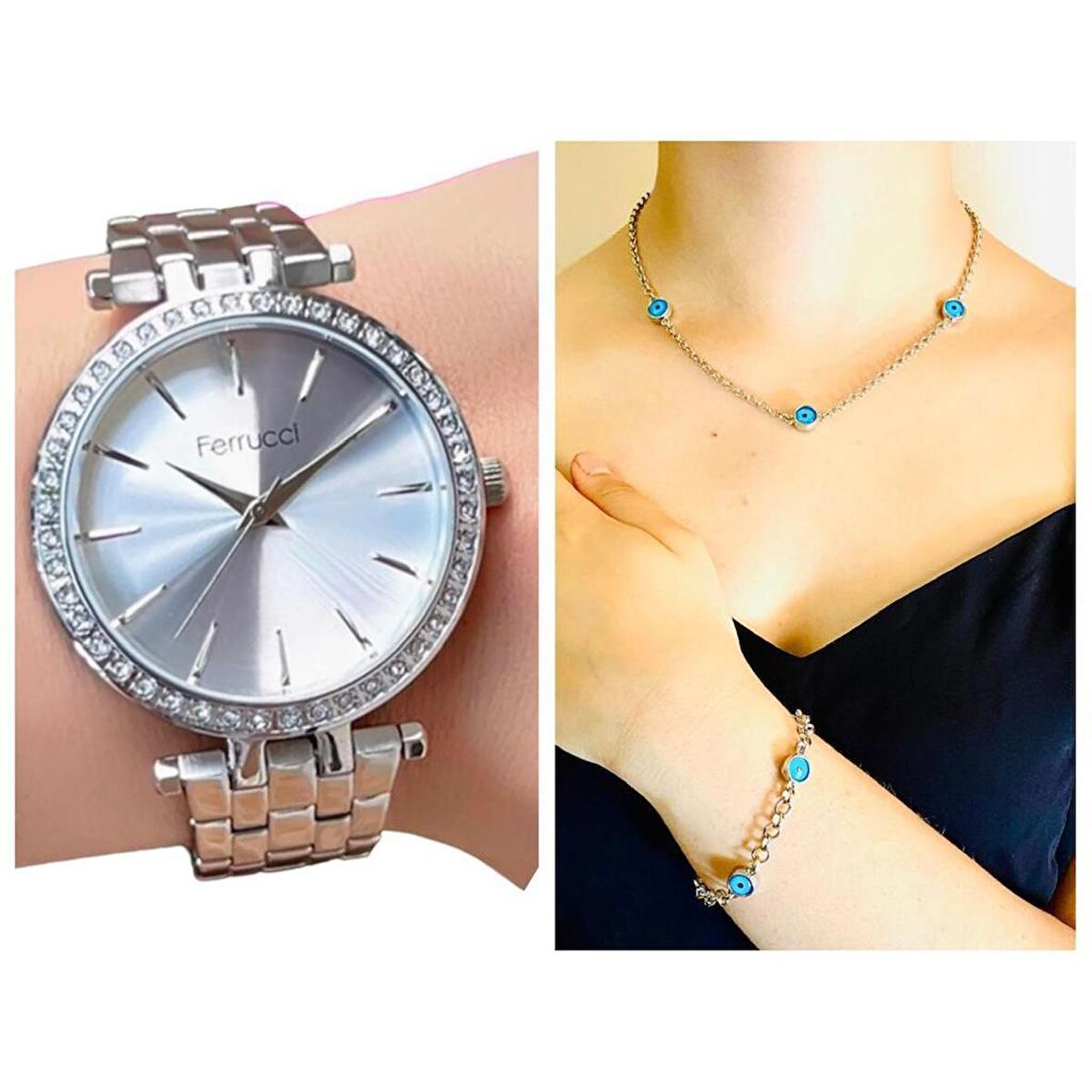 Ferrucci 1. Sınıf Çelik Sade Şık Kadın Kol Saat+Nazarlıklı Hediye Set