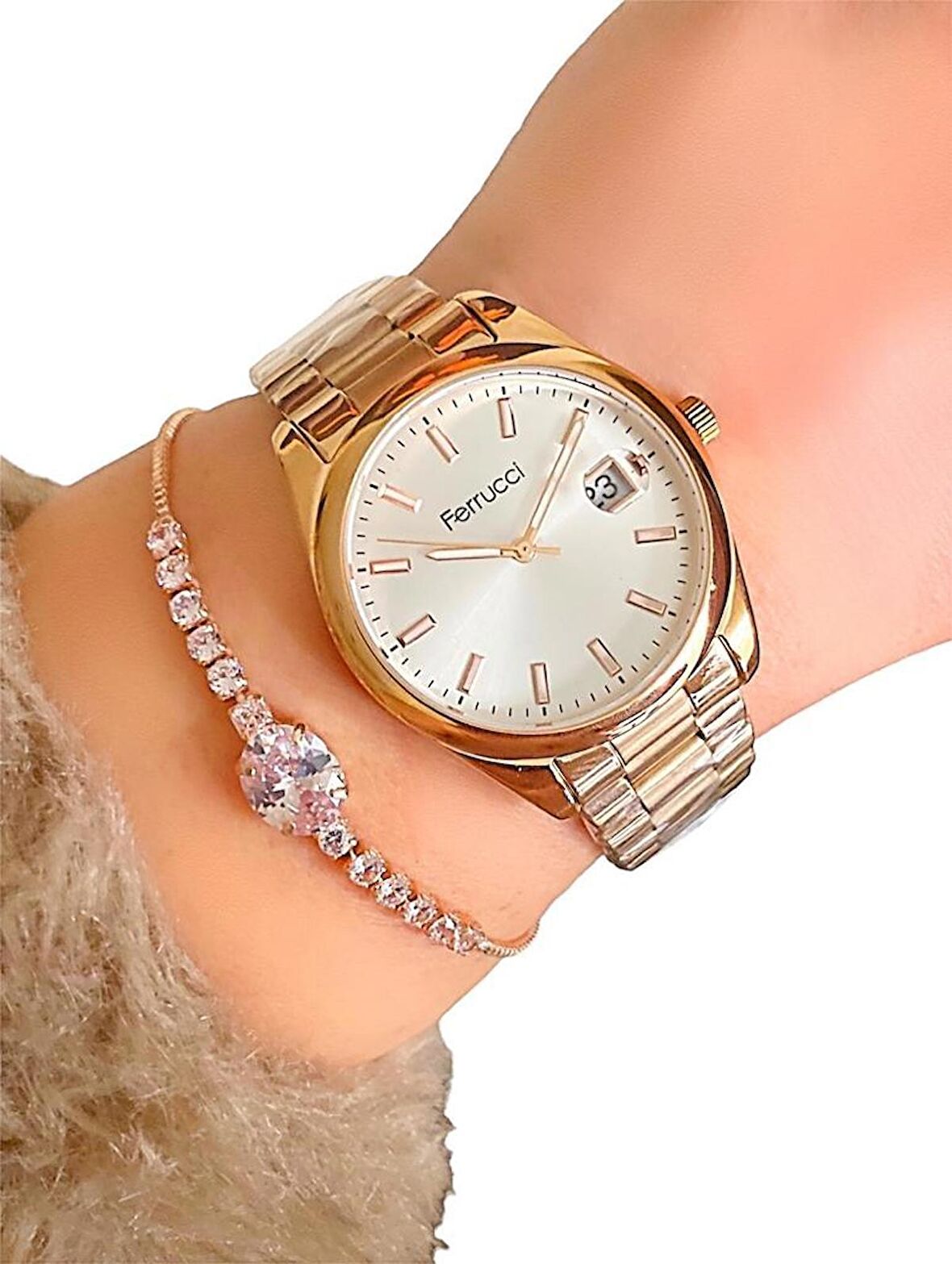 Ferrucci 1.Sınıf Çelik Takvimli Kadın Kol Saat+Bileklik 2 Yıl Garantili
