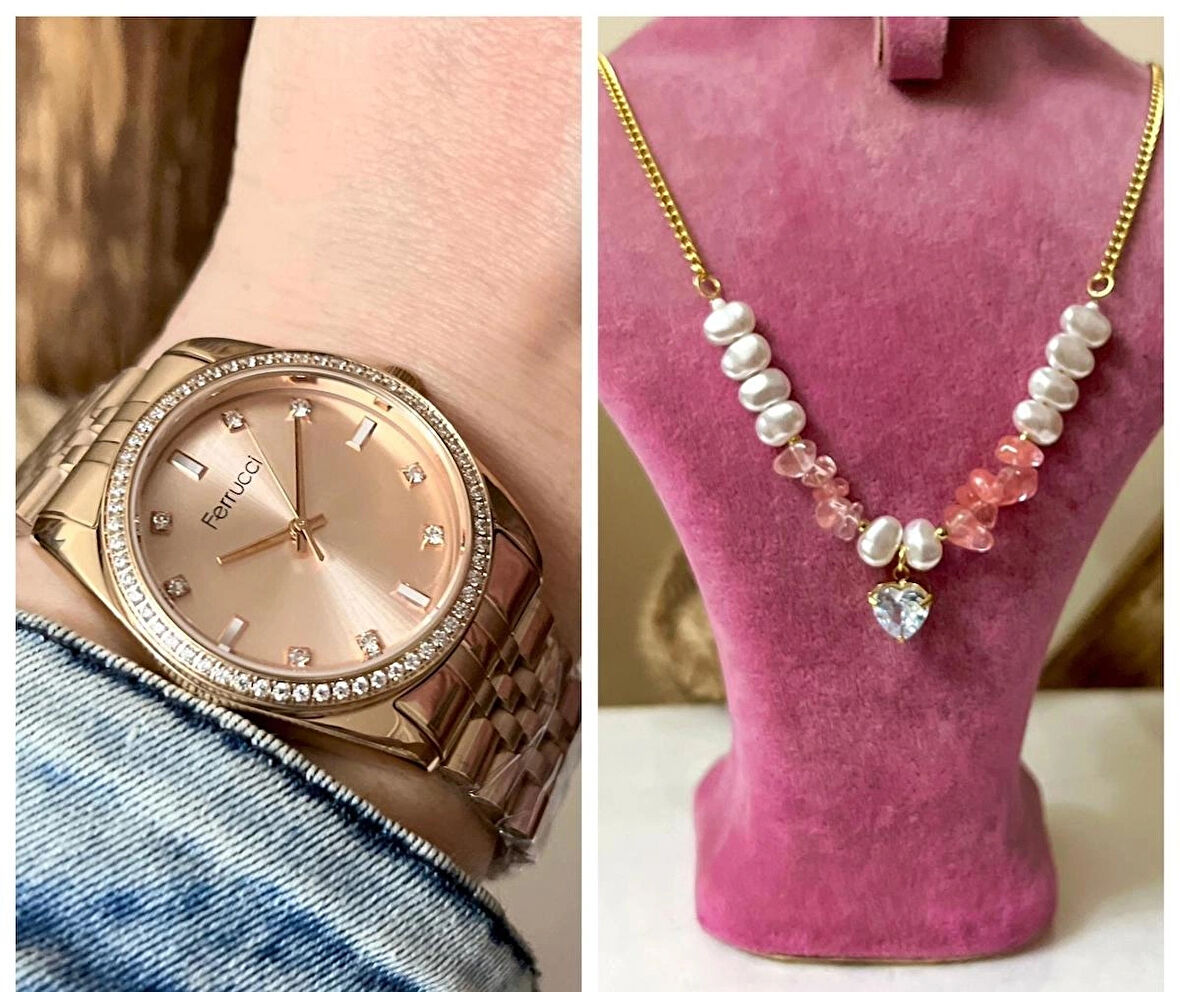 Ferrucci  Rose Çelik Taşlı Şık Kadın Kol Saati+%100 Çelik Kolye Hediye