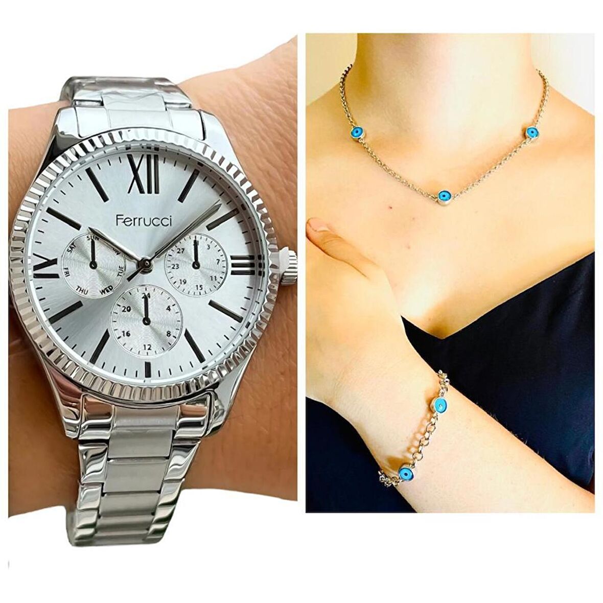 Ferrucci 1. Sınıf Çelik Şık Yeni Sezon Kadın Kol Saat+Nazarlıklı Set