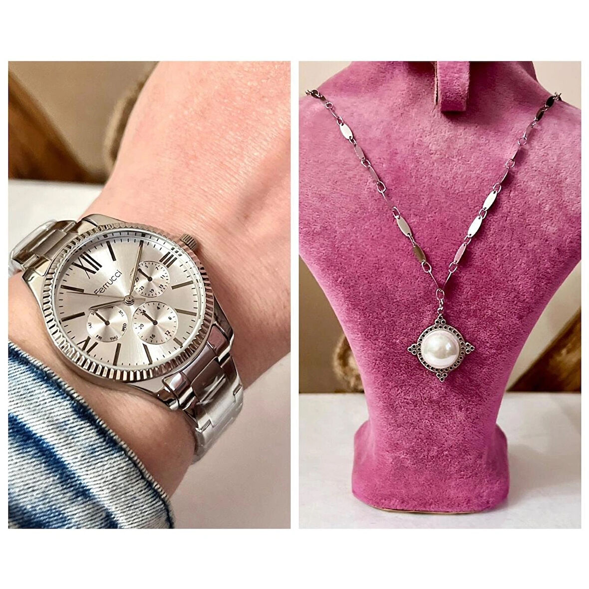 Ferrucci Silver Spor Şık Çelik Kadın Kol Saati+%100 Çelik Kolye Hediye