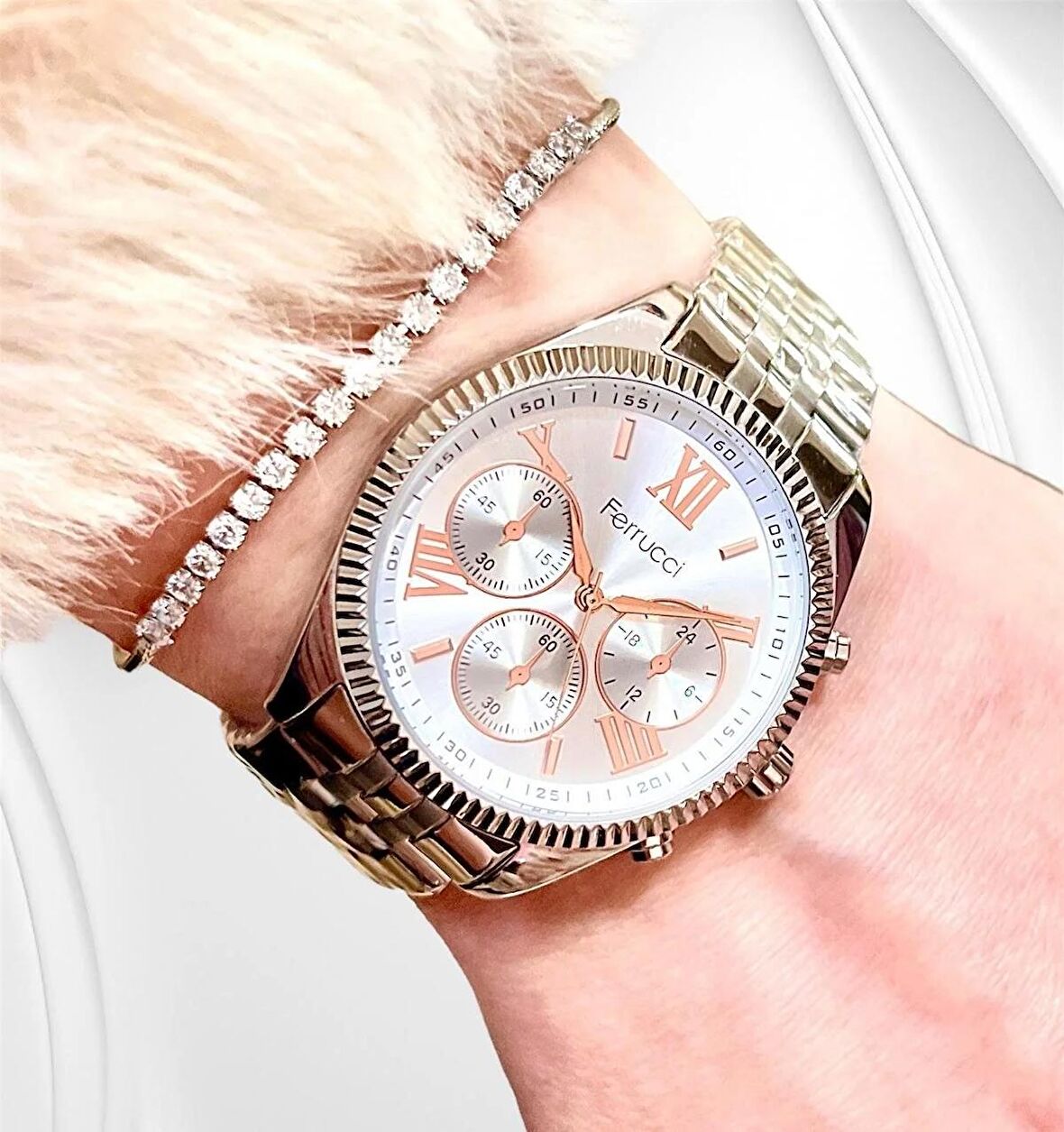 Ferrucci Roma Rakamlı Silver Çelik Spor Model Şık Kadın Kol Saat+Bileklik