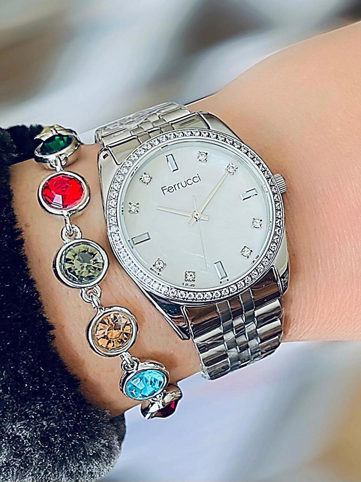 Ferrucci Yeni Sezon 1. Sınıf Çelik Zirkon Taşlı Kadın Kol Saat Bileklik Hediye