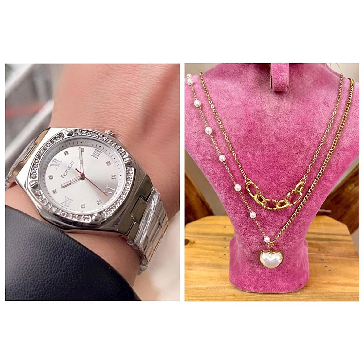 Ferrucci Çelik Zirkon Taşlı Kadın Kol Saati+%100 Çelik Kolye Hediye
