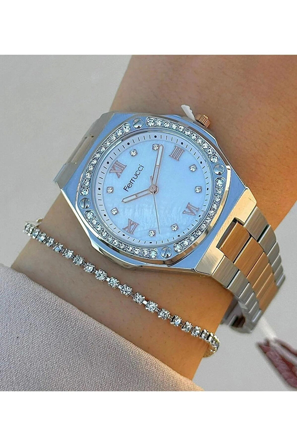 Ferrucci Silver&Rose Çelik Kadın Kol Saati+%Bileklik Hediye