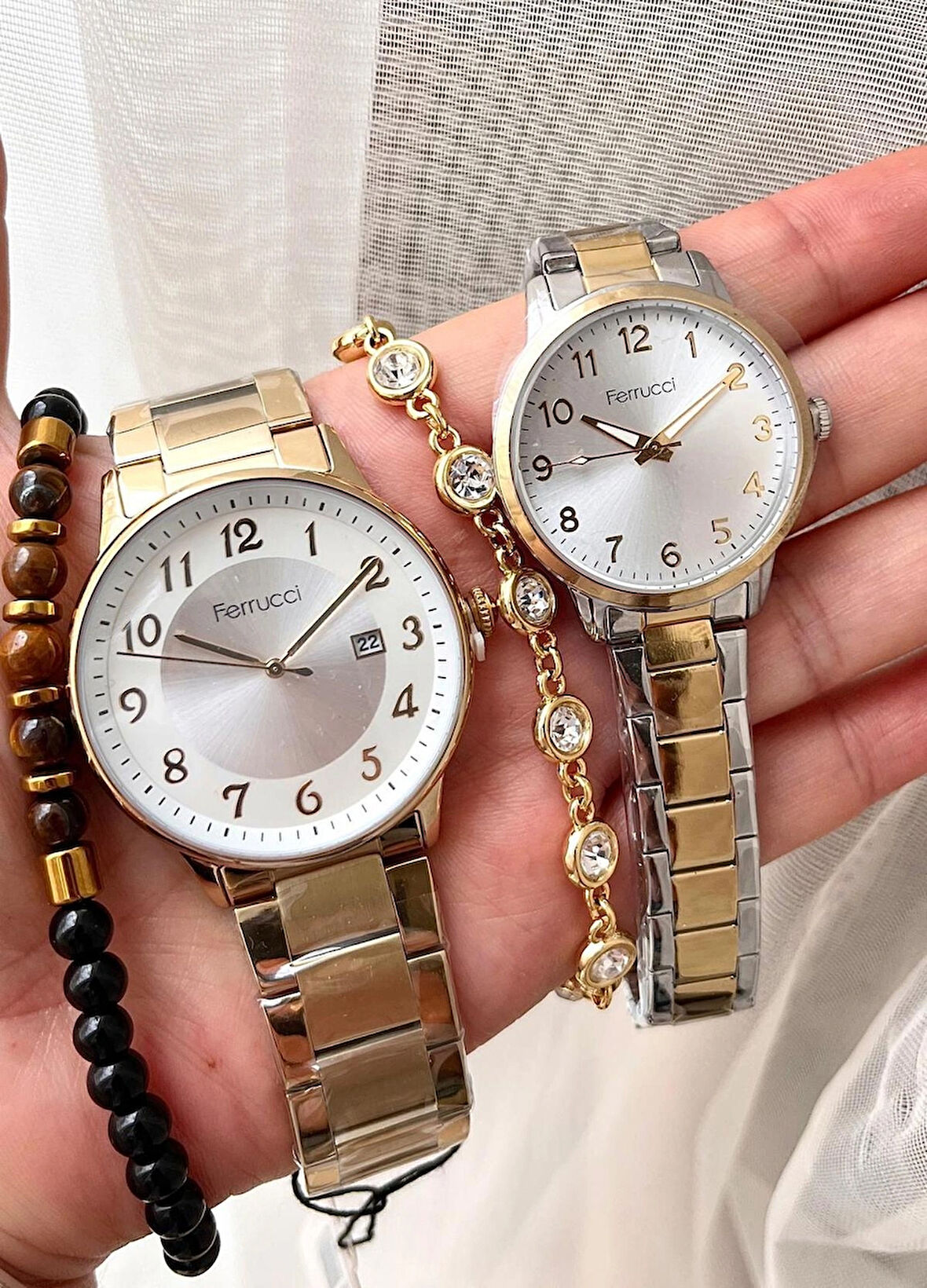 Ferrucci Altın Renk Klasik Model Sevgili Çift Saat Kombin+Bileklik Hediyeli