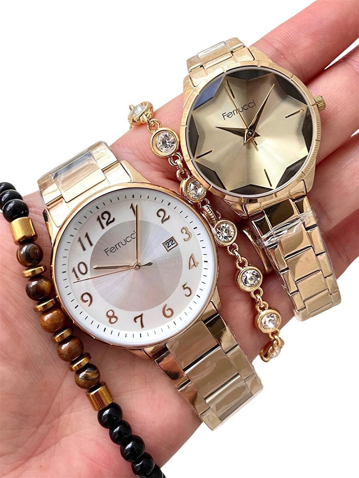Ferrucci Altın Renk Çelik Sevgili Çift Saat Kombin+Bileklik Hediyeli