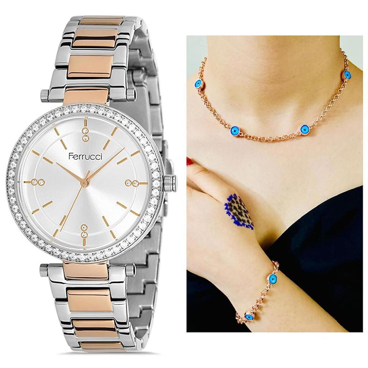 Ferrucci 1. Sınıf Çelik Sade Şık Kadın Kol Saat+Nazarlıklı Hediye Set