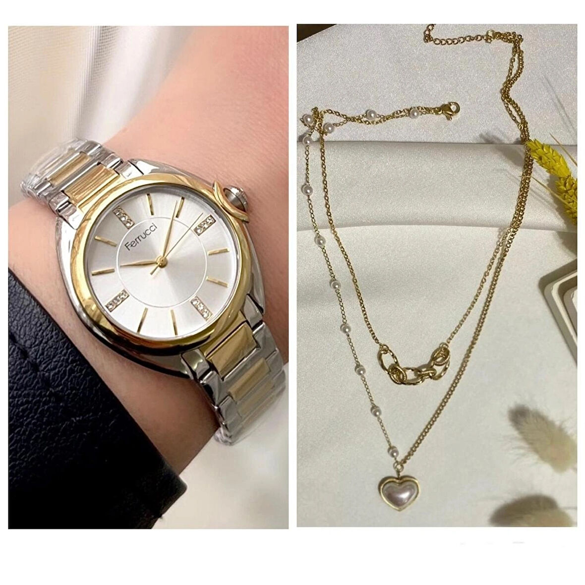 Ferrucci Gold&Gümüş Çelik Kadın Kol Saati+%100 Çelik Kolye Hediye