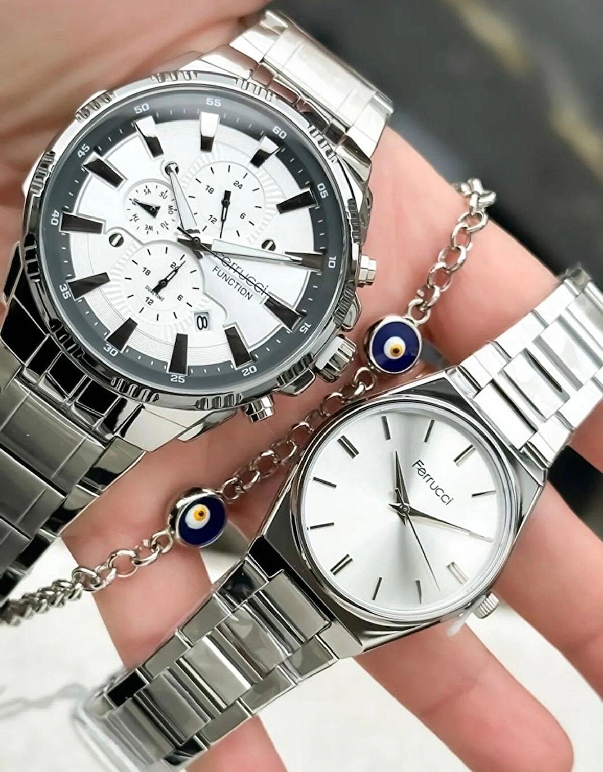 Ferrucci Çelik Kordon Silver Renk Sevgili Çift Kol Saat+Bileklik