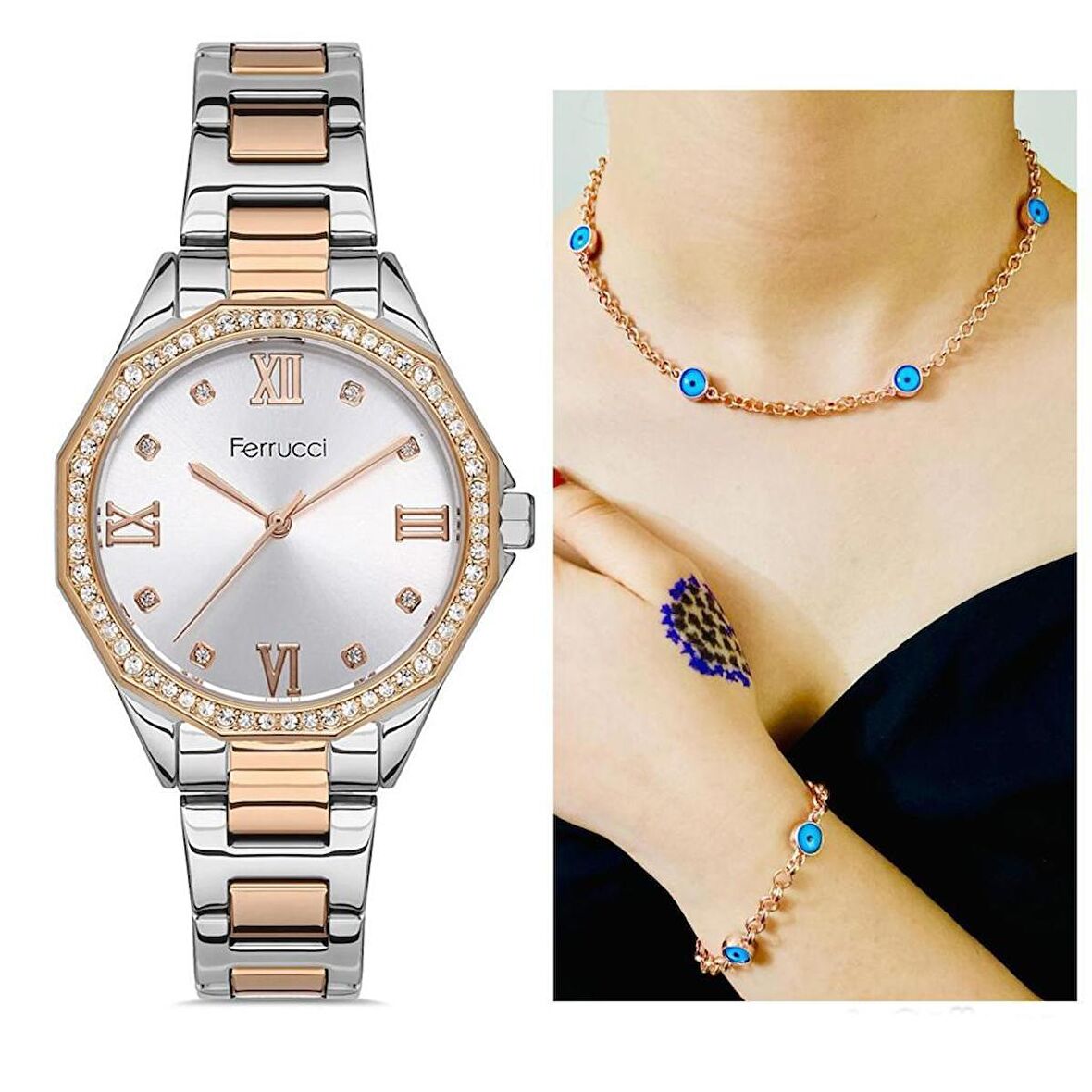 Ferrucci Modern Kasa 1.Sınıf Çelik Su Geçirmez Kadın Kol Saat+Nazarlıklı Kolye Bileklik