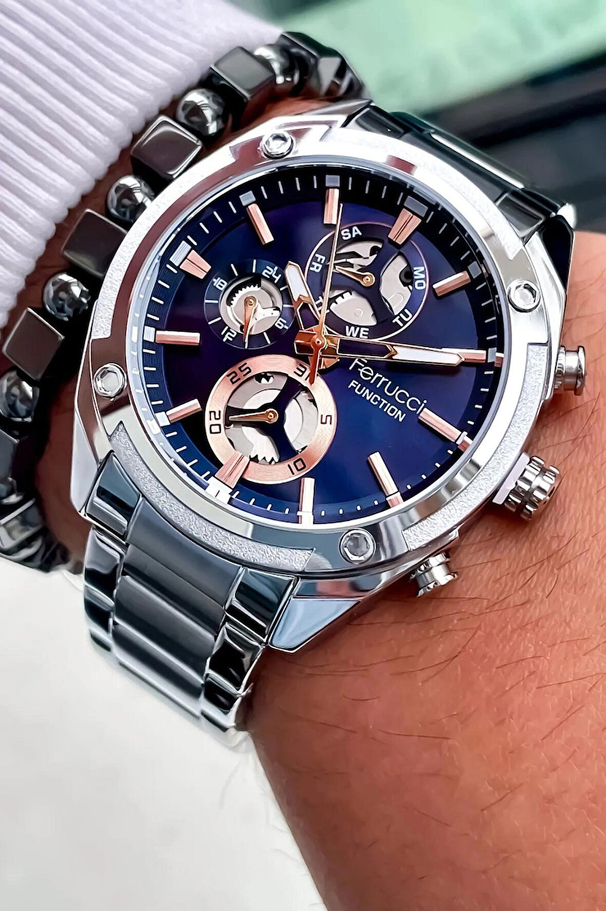 Ferrucci Silver Renk Çelik Fonksiyonlu Takvimli Erkek Kol Saati+Bileklik
