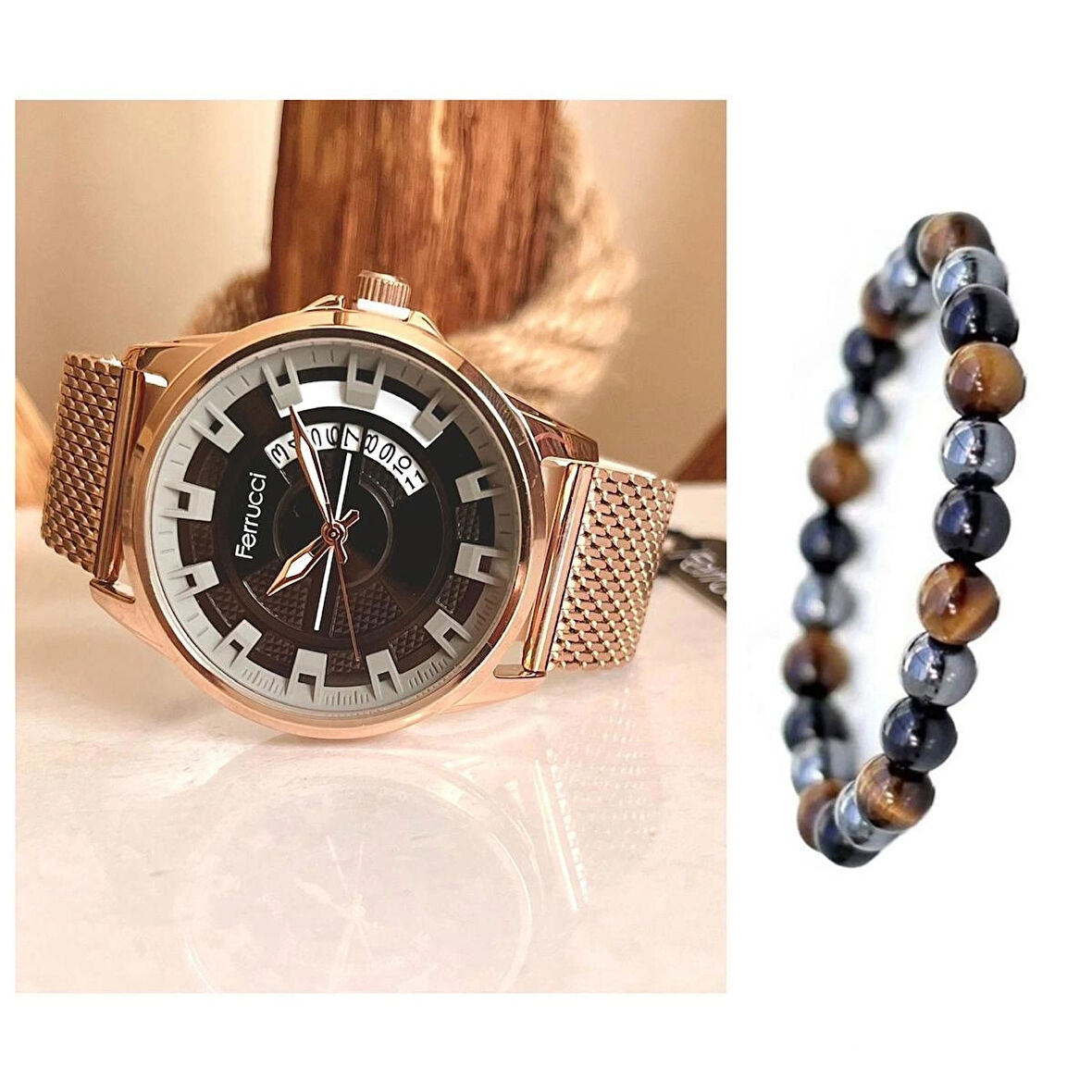Ferrucci Rosegold Hasır Çelik Kordon Çoklu Göstergeli Erkek Kol Saati