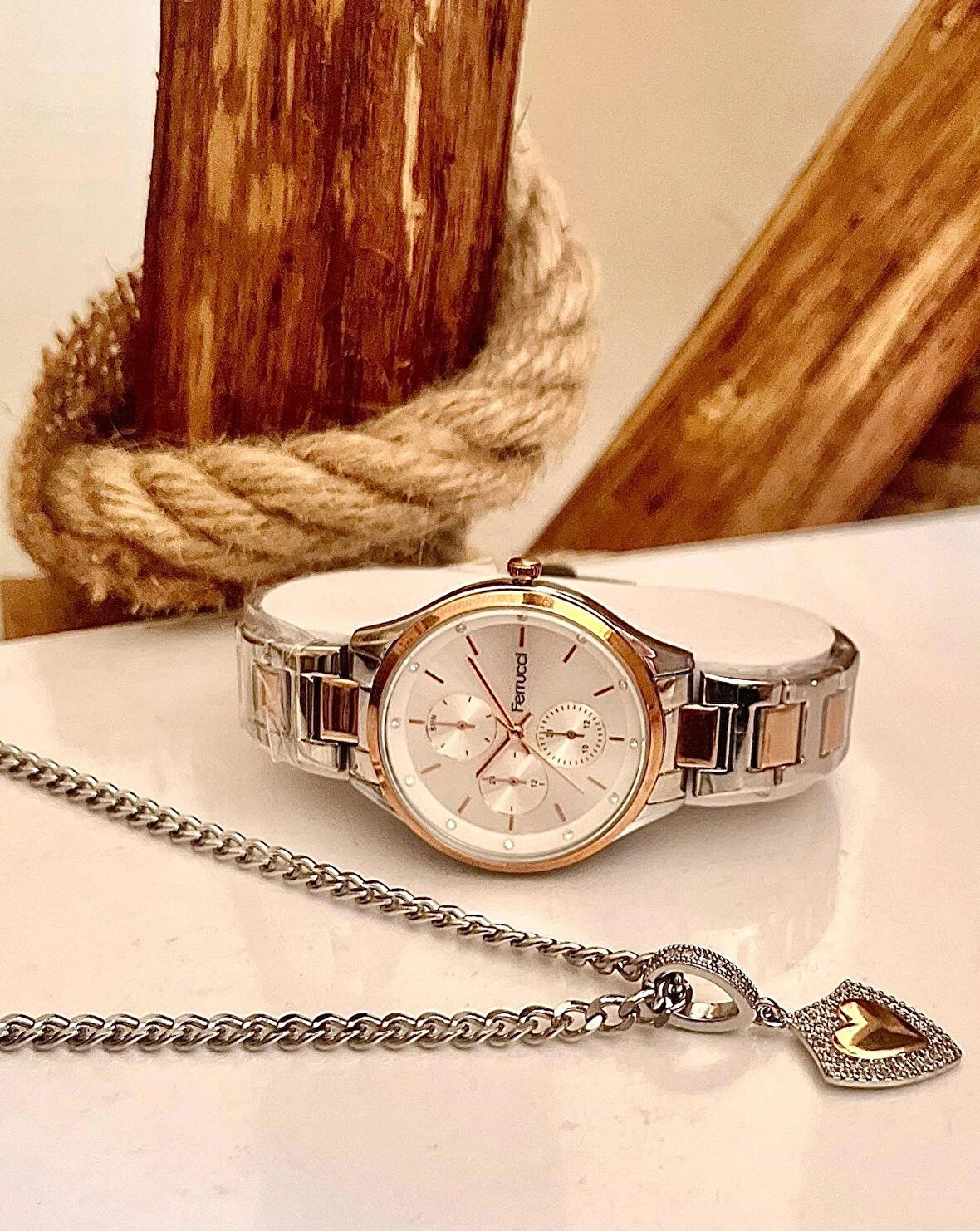 Ferrucci Silver&Rose Çelik Kordon Kadın Kol Saat+%100 Çelik Süper Kolye Hediye