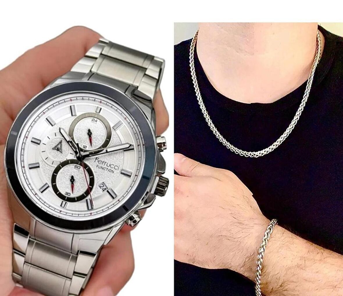 Ferrucci Multi Fonksiyonlu Takvimli Erkek Kol Saati+%100 Çelik Takı Set