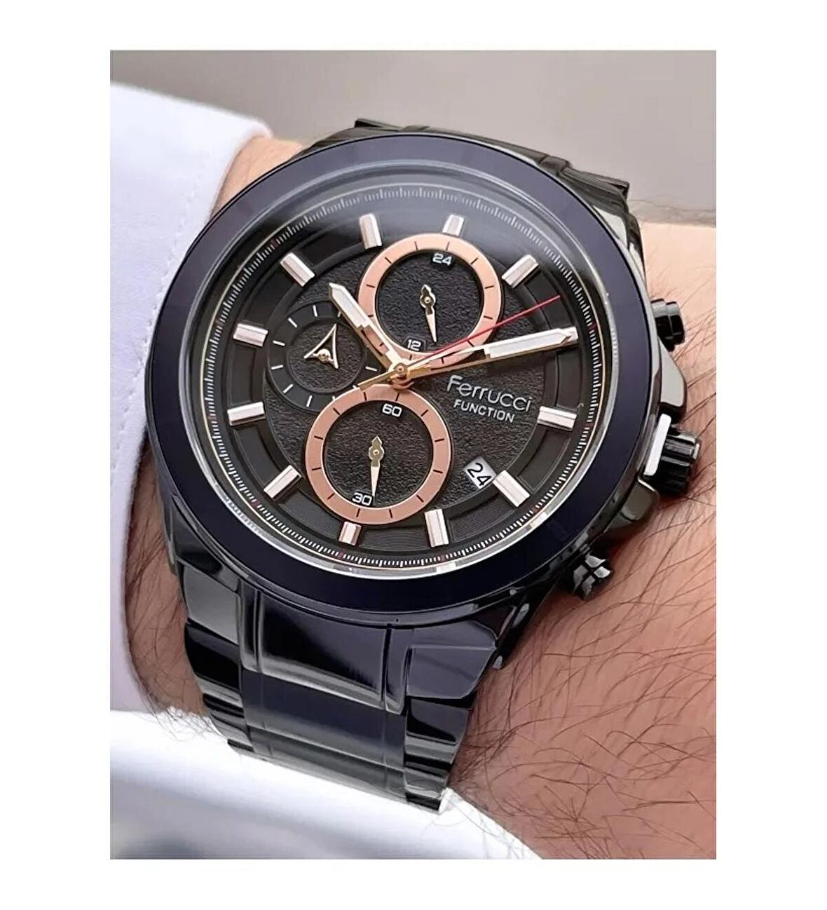 Ferrucci Çelik Kordon Siyah Renk Multi Fonksiyonlu Takvimli Erkek Kol Saati+Bileklik