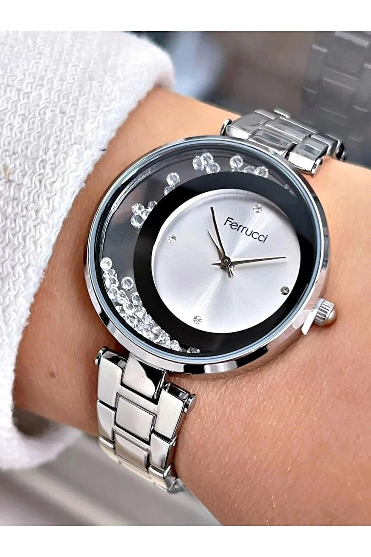 Ferrucci Taşlı Kadran Çelik Kadın Kol Saati+Bileklik Hediyeli 