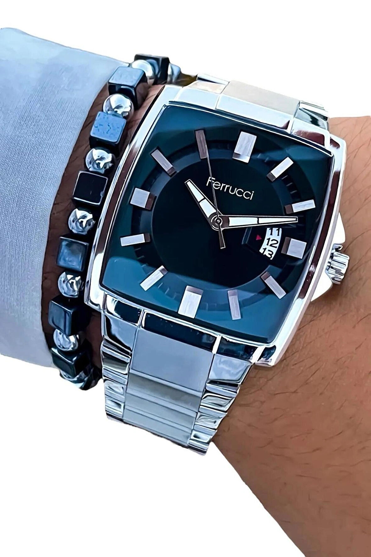 Ferrucci Dikdörtgen Büyük Kadran Takvimli Şık Erkek Kol Saati+Bileklik
