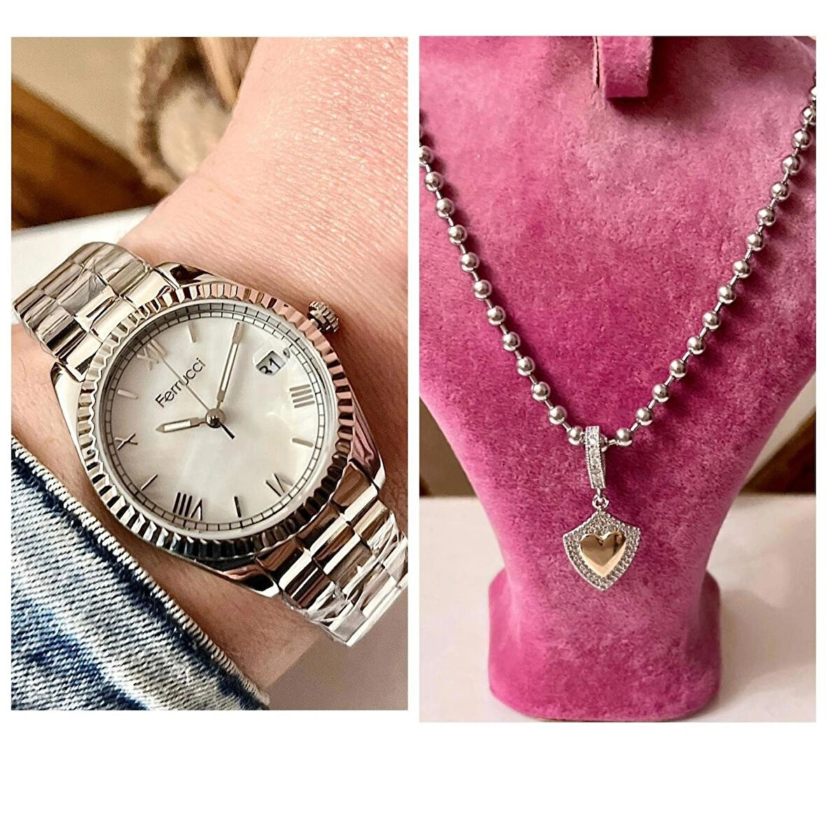 Ferrucci Silver Çelik Takvimli Kadın Kol Saati+%100Çelik Kolye Hediye