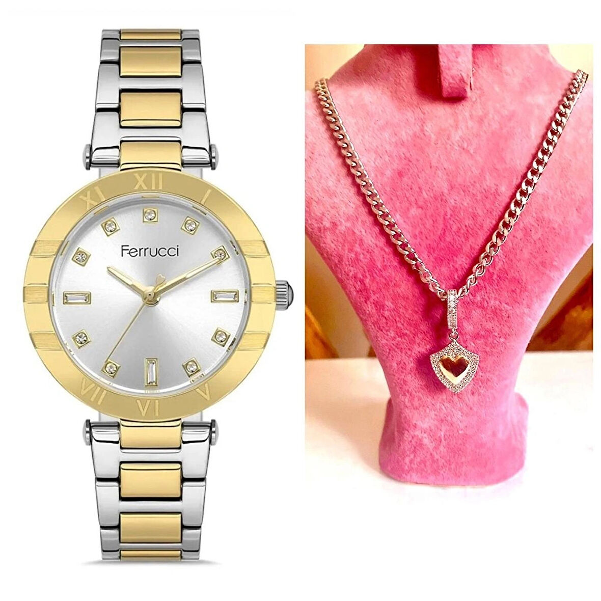 Ferrucci Süper Model Çelik Kadın Kol Saati+Çelik Kolye Hediyeli