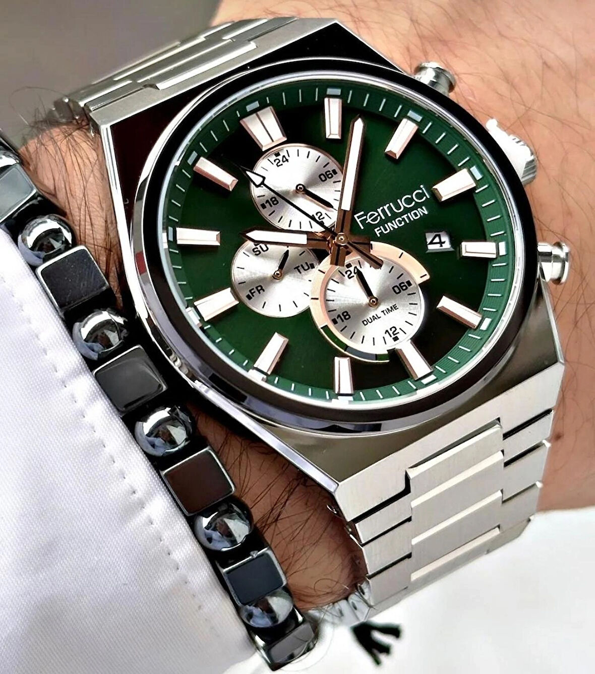 Ferrucci Silver Kordon Fonksiyonları Aktif Takvimli Erkek Kol Saati+Bileklik