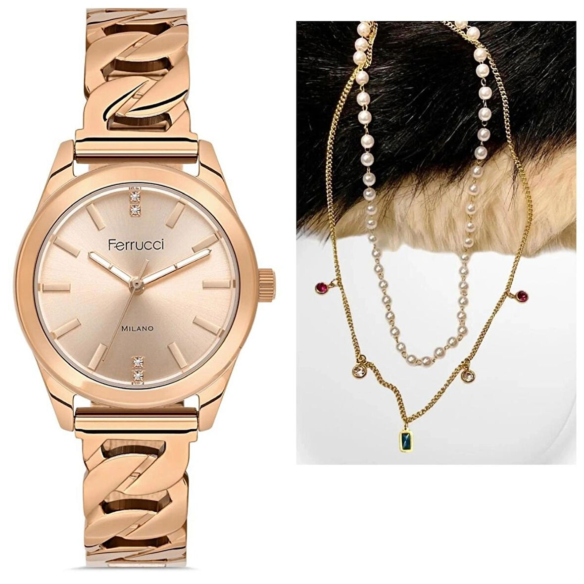Ferrucci Çelik Kordon Özel Tasarım Kadın Kol Saati+%100 Çelik&İncili Kolye Hediyeli