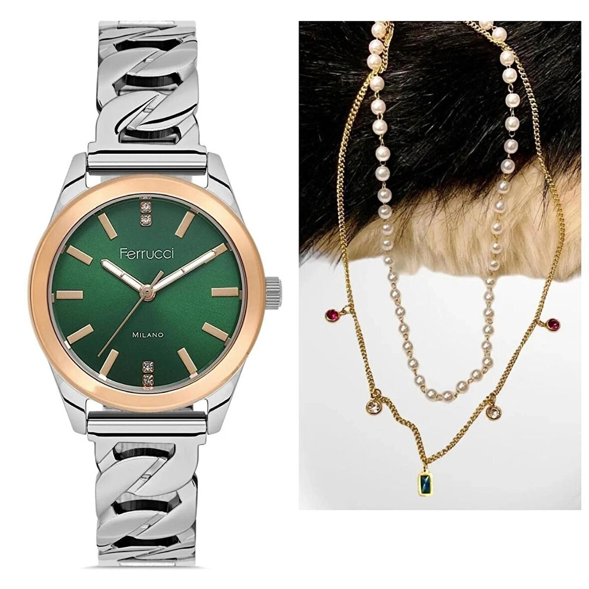Ferrucci Çelik Kordon Özel Tasarım Kadın Kol Saati+%100 Çelik&İncili Kolye Hediyeli