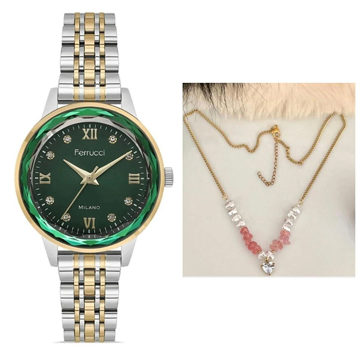 Ferrucci Kristal Kadranlı Taşlı Çelik Kadın Kol Saati+İncili Çelik Kolye Hediye